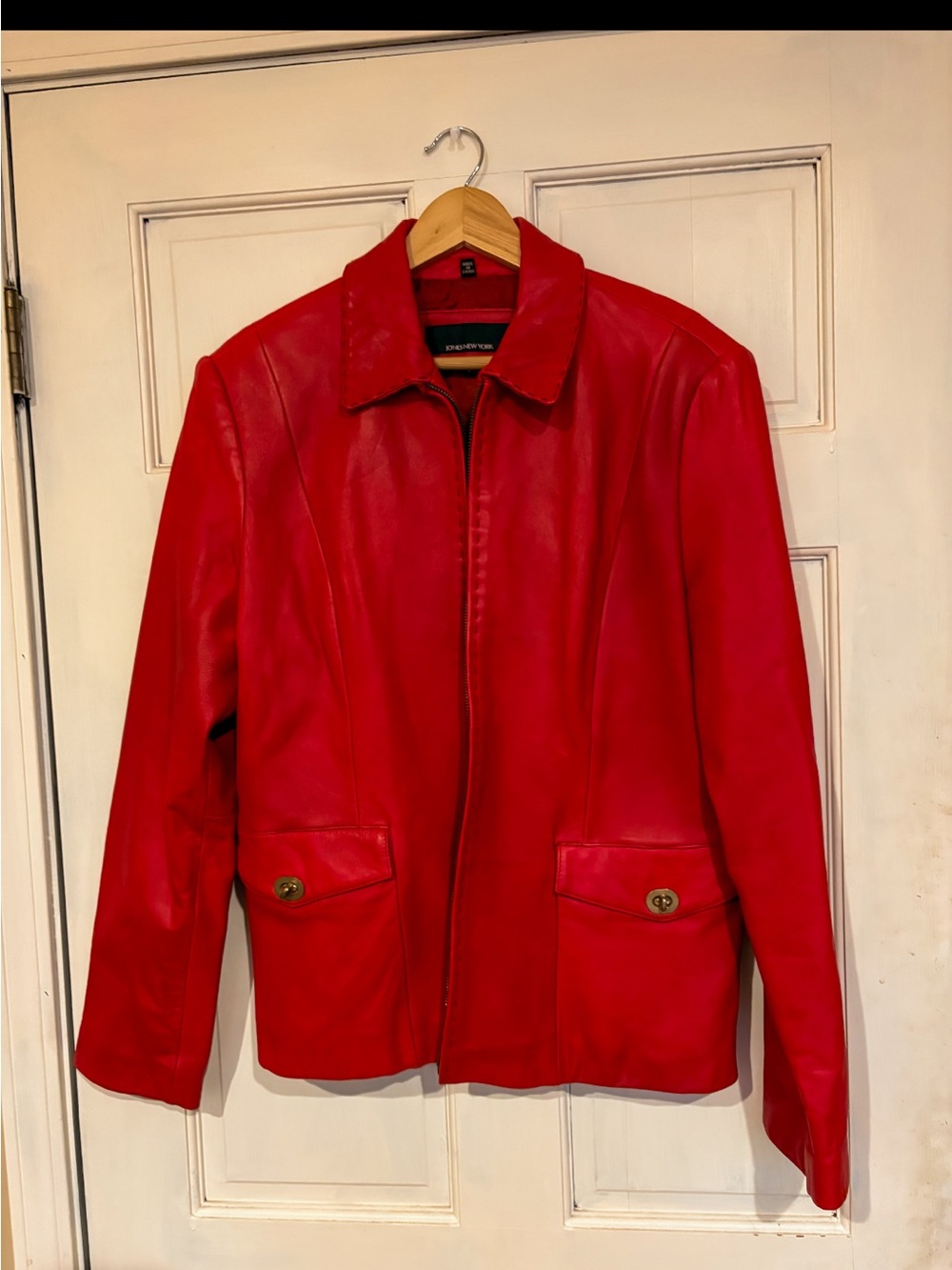 Jones New York Bold Red Leather Bomber Jacket